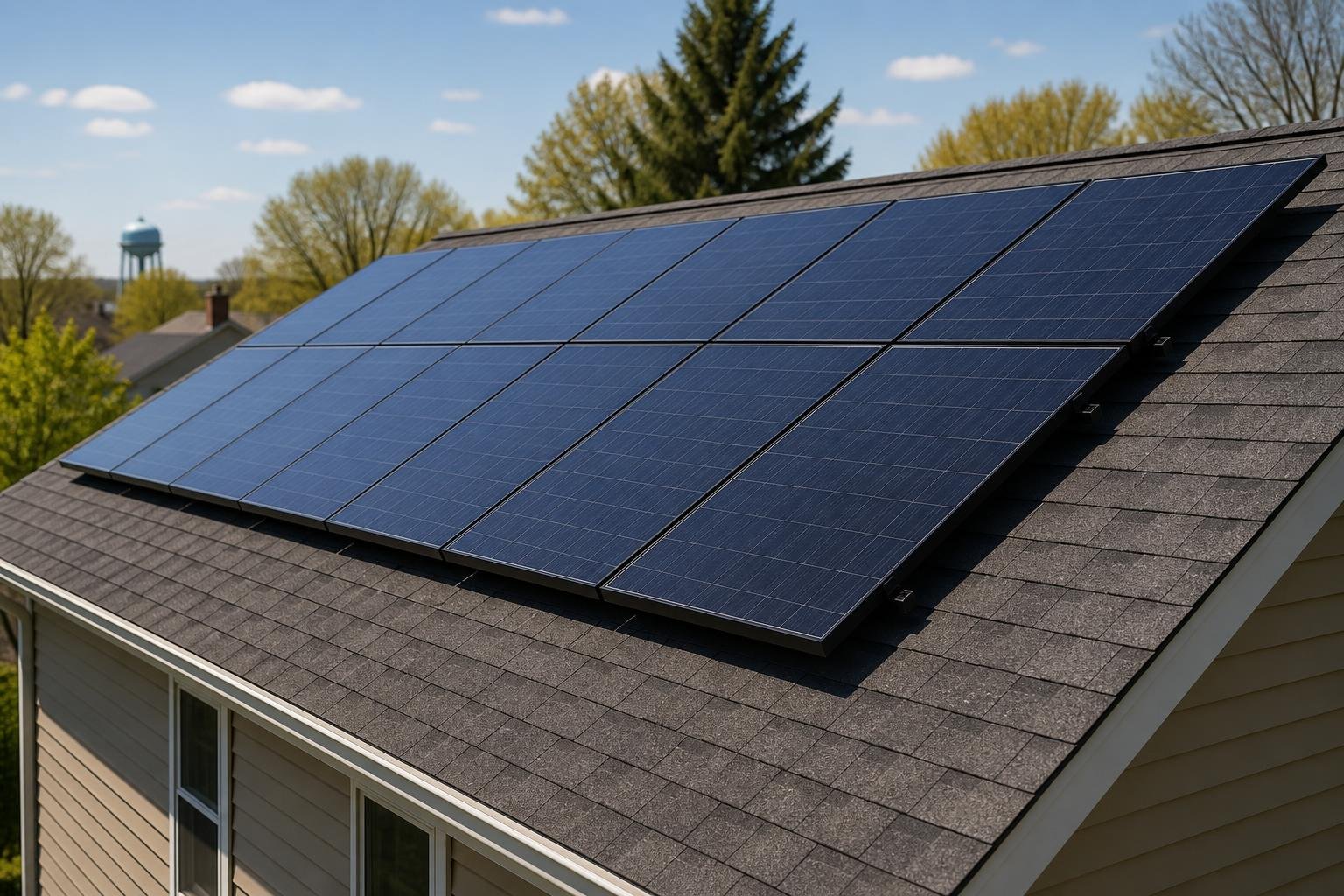 Close-up of rooftop solar panels on a Rochester, New York area home in warm daylight