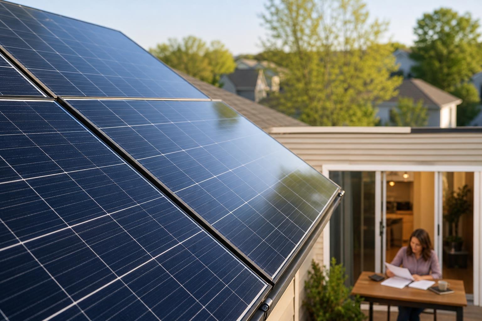 Residential solar panels in close view with a homeowner reviewing paperwork softly blurred in the background